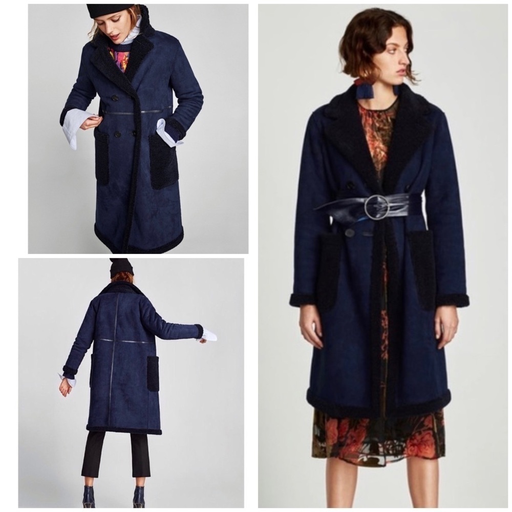 EUC Zara Woman Reversible Faux Suede Shearling Blue / Black Coat XS​​​​​